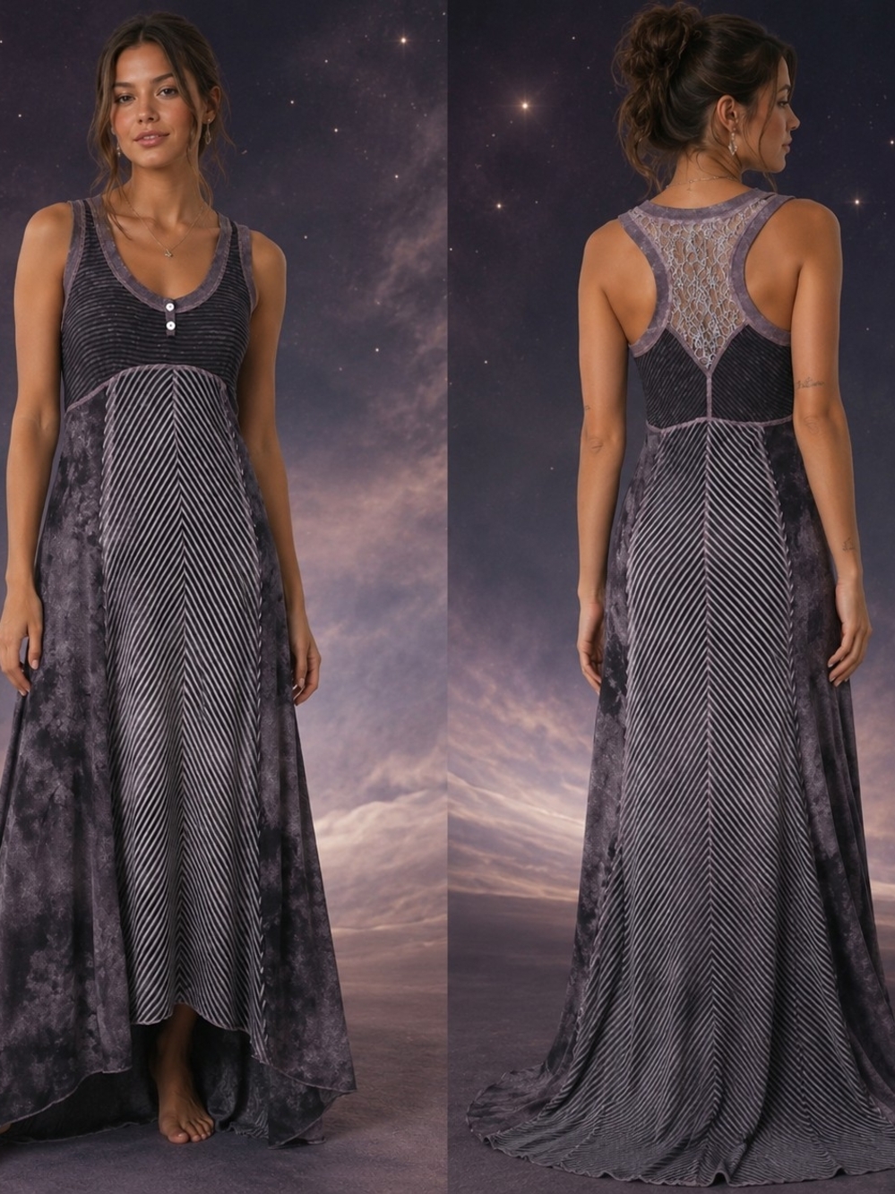 Whimsigoth Sleeveless T Shirt Maxi Dress Dusty-Purple Grey Tie Dye *Soft & Moody